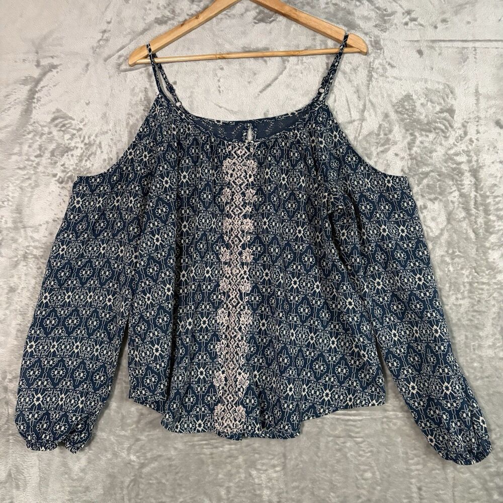 Jolt Boho Cold-Shoulder Top XL Navy Blue Geometric Medallion Print Lace Detail